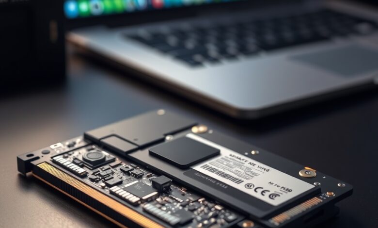 لوحة SSD تُظهر مكونات SSD مثل وحدة التحكم ودوائري الذاكرة