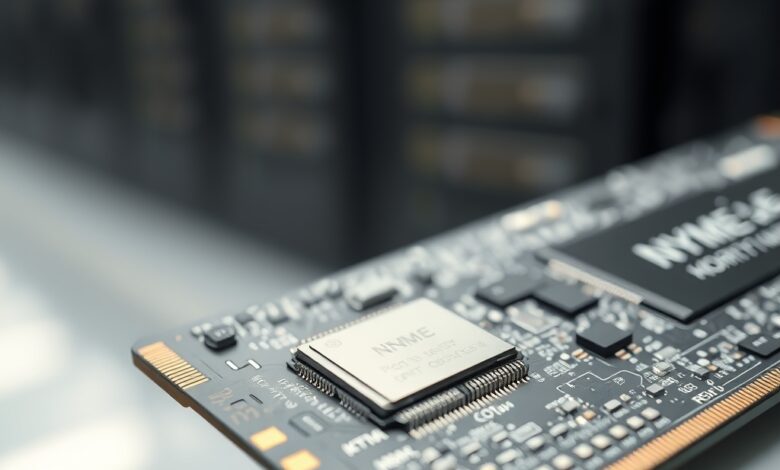 لوحة SSD تُظهر معالجات في متحكمات SSD بوضوح