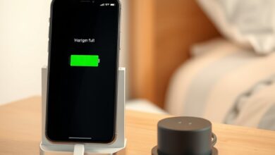 هاتف على الطاولة يعرض نسبة البطارية مع تذكير لإيقاف الشحن إلى 100%