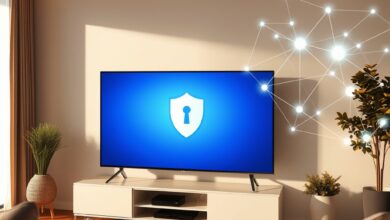 تلفزيون ذكي مع درع خصوصية يرمز إلى إيقاف تتبع التلفزيون