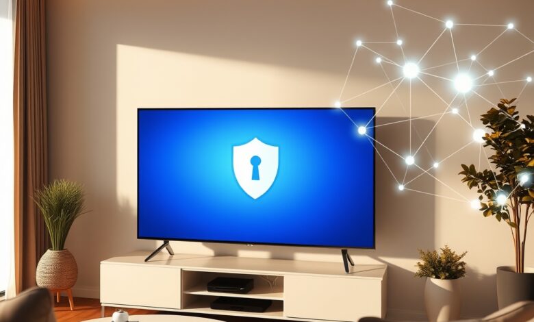 تلفزيون ذكي مع درع خصوصية يرمز إلى إيقاف تتبع التلفزيون