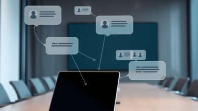 غرفة اجتماع تعرض طبقة السياق الموحدة تجمع محادثات واجتماعات الشركة