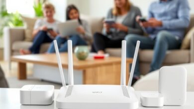 جهاز راوتر Mesh في غرفة المعيشة مع نصائح لترقية الواي فاي إلى Wi‑Fi 7
