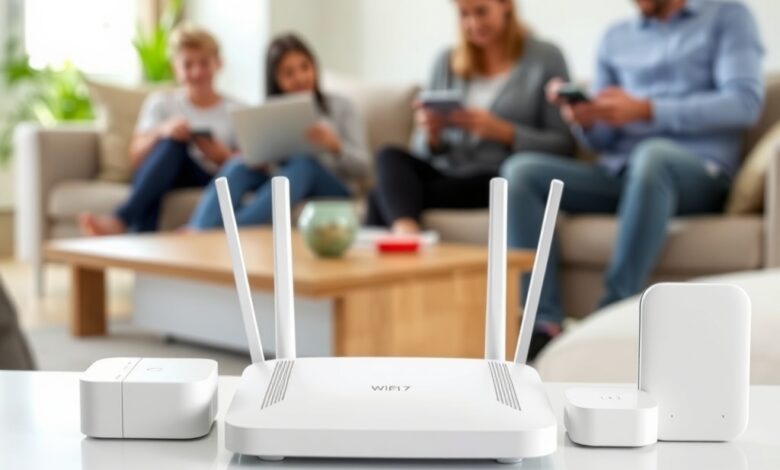 جهاز راوتر Mesh في غرفة المعيشة مع نصائح لترقية الواي فاي إلى Wi‑Fi 7