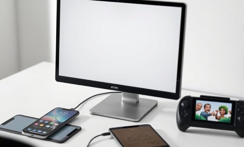 شاشة USB-C المحمولة موصولة بهاتف وتابلت ووحدة ألعاب