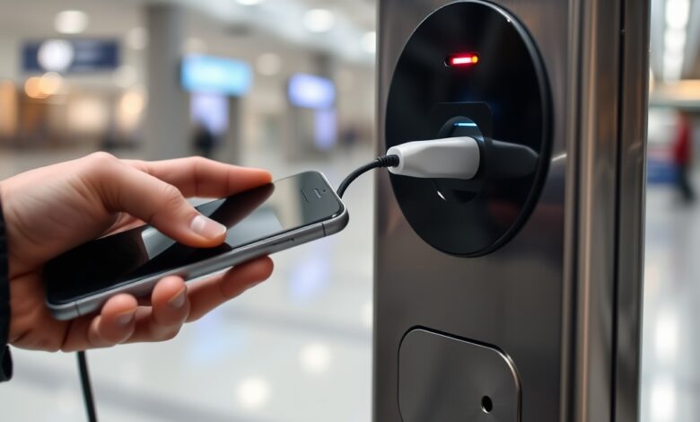 صورة توضيحية لمفهوم أمن شحن USB عند استخدام محطات الشحن العامة