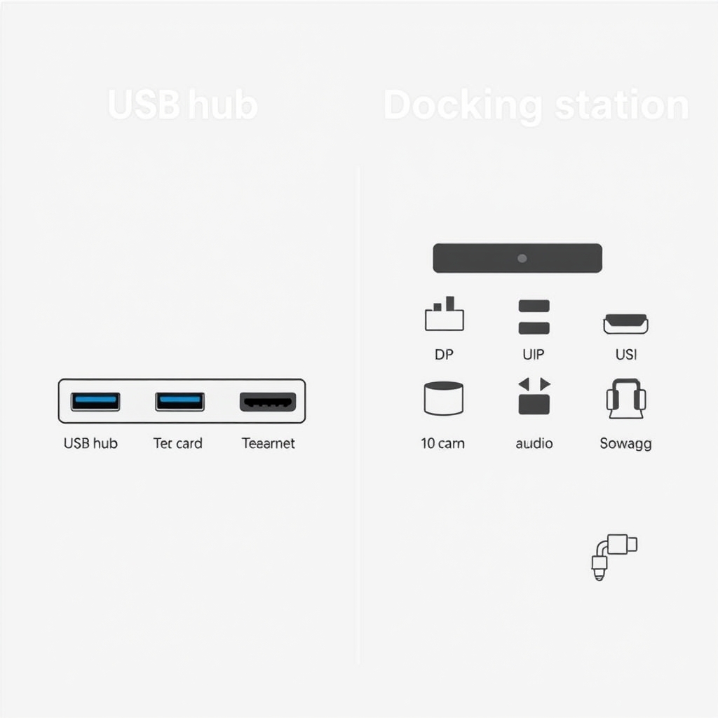 مخطط مقارنة للمنفذات يوضح ميزات USB hub ومحطة الإرساء