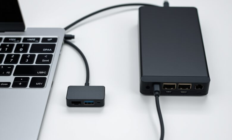 جهازان على مكتب يوضّحان الفرق بين USB hub ومحطة الإرساء