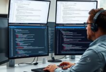 مهندس أمن يراجع توصيات الأمان من الذكاء الاصطناعي على شاشات متعددة