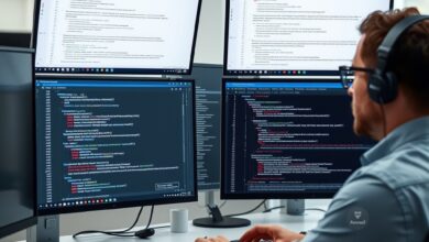 مهندس أمن يراجع توصيات الأمان من الذكاء الاصطناعي على شاشات متعددة