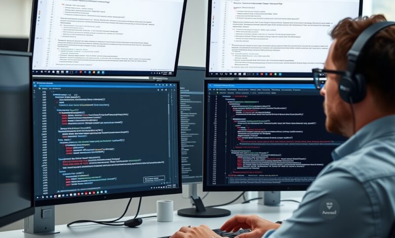 مهندس أمن يراجع توصيات الأمان من الذكاء الاصطناعي على شاشات متعددة