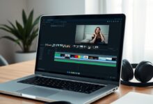 واجهة برنامج مونتاج على لابتوب توضح مفهوم محرر فيديو للمبتدئين