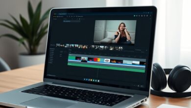 واجهة برنامج مونتاج على لابتوب توضح مفهوم محرر فيديو للمبتدئين