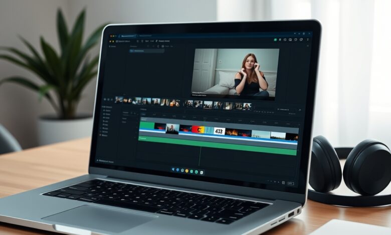 واجهة برنامج مونتاج على لابتوب توضح مفهوم محرر فيديو للمبتدئين