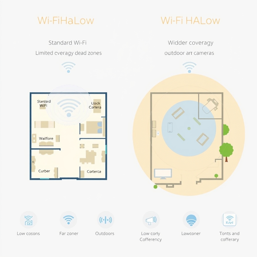 مقارنة رسومية لتغطية Wi‑Fi HaLow مقابل واي فاي عادي
